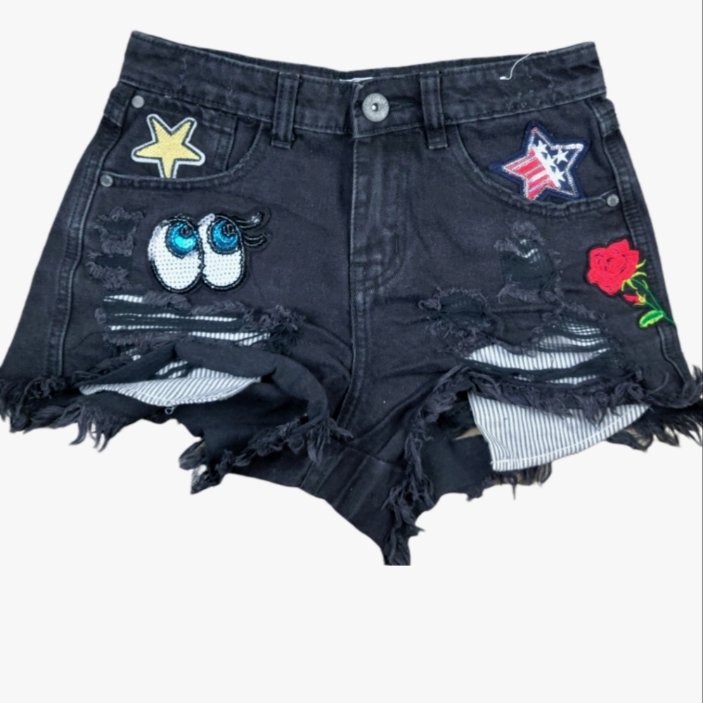 GoGo Jeans USA Cut Off Denim Shorts Size 1 High Rise Black Distressed Patches - Picture 1 of 9